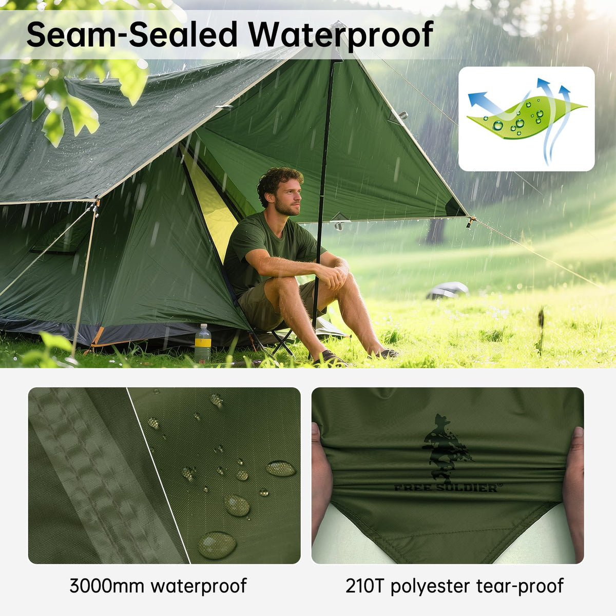 FREE SOLDIER Waterproof Camping Tarp Shelter Awning(Dark Green 10×10.5ft)