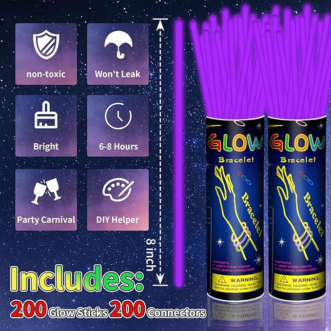 200 Pack 8'' Glow Sticks Bulk Party Favors Purple Light Up Sticks with Connectors Neon Glow in the