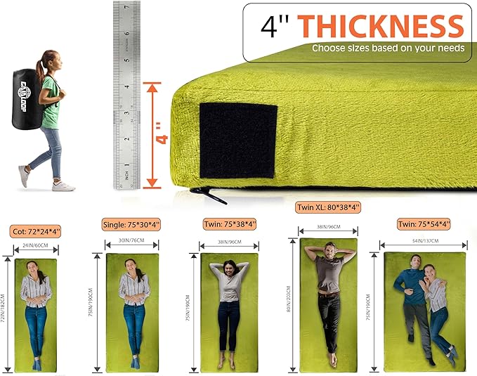 4 Inch GAIALOOP Extra Thick Memory Foam Camping Mattress, Roll Up Floor Sleeping Mat Camp Cot