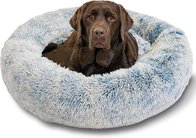 Best Friends by Sheri Original Calming Donut Dog and Cat Bed, Shag Faux Fur, Denim Blue, (36in x
