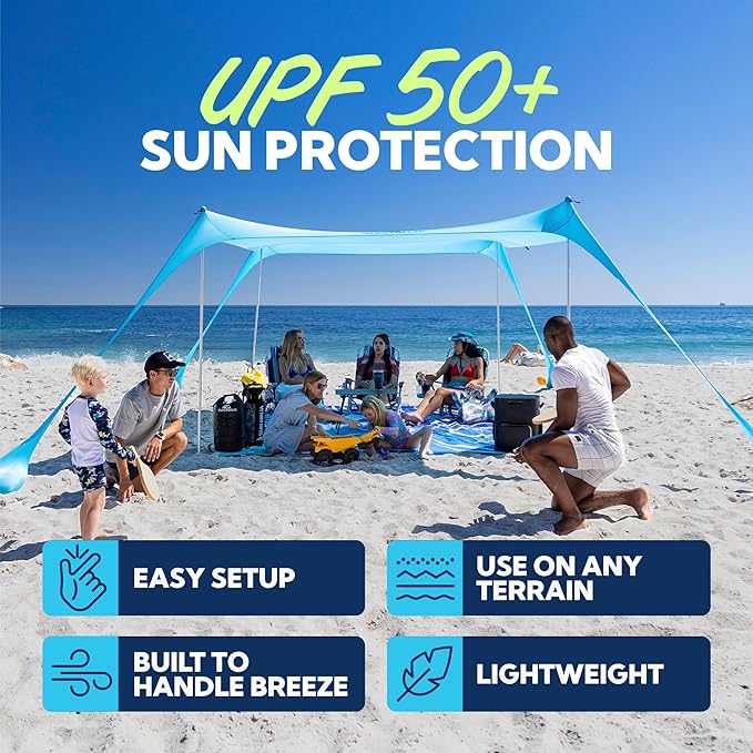 SUN NINJA Beach Tent Sun Shelter UPF50+ - Easy Pop Up Beach Canopy - Outdoor Shade for Camping