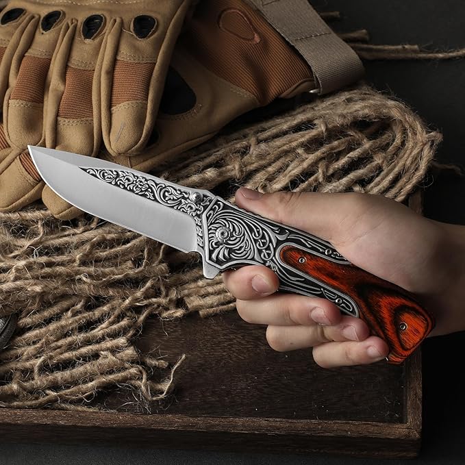 Pocket Knife for Men, 8.7" Folding Knife, 440 Stainless Steel Blade, 0.19lb, Wood Handle with 3D