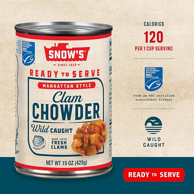 Snow's Manhattan Clam Chowder, 15 oz Can - 11g Protein per Serving - Ready-to-Serve Authentic