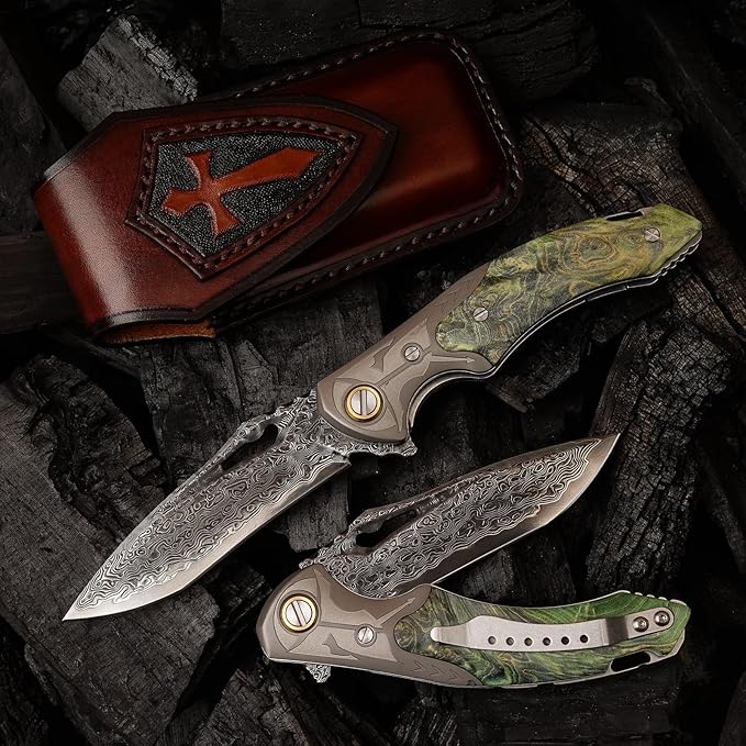VG10 Damascus Steel Folding Knife, Stable Wood with Leather cover and pocket clip, Outdoor Survival