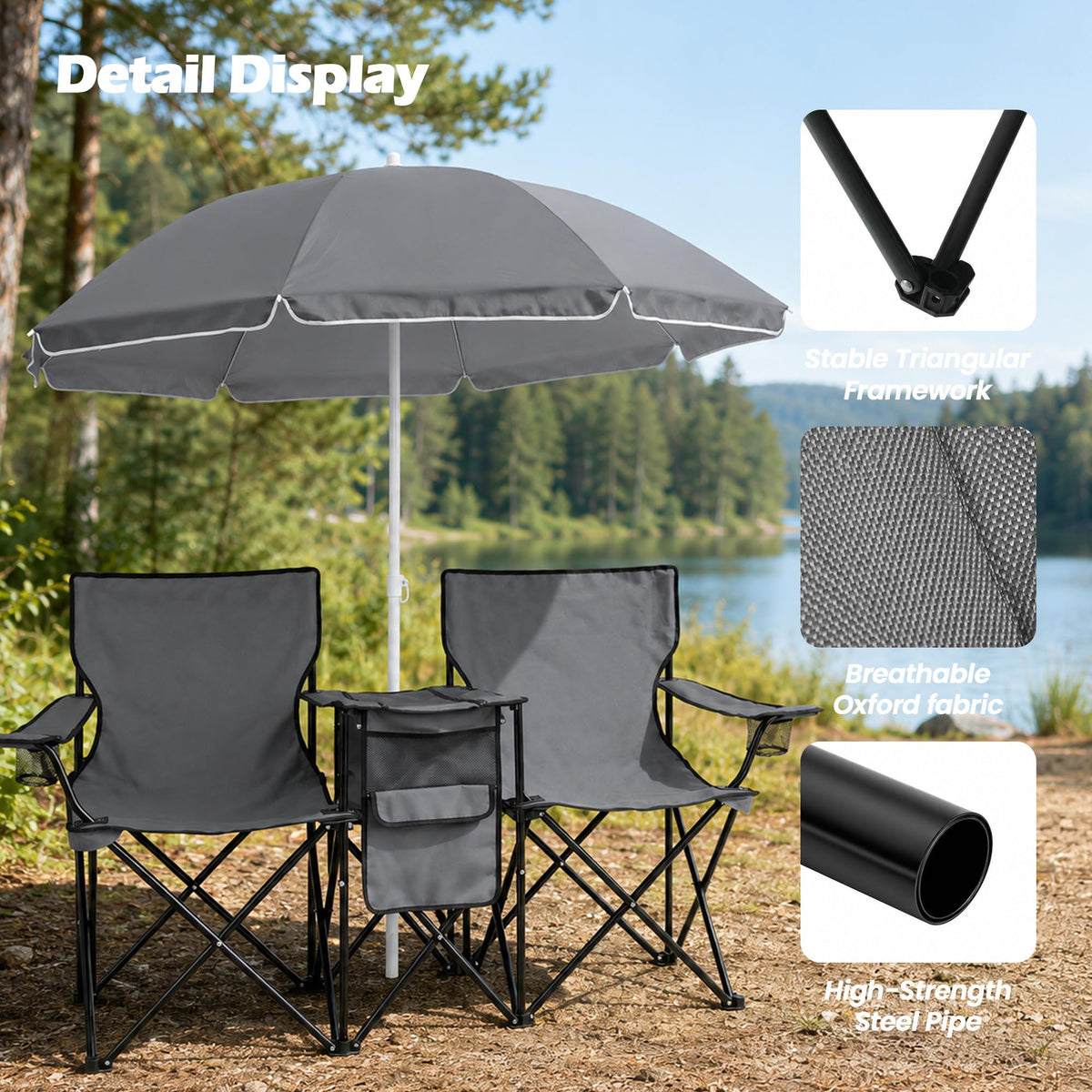 DOALBUN Folding Double Camping Chair with Umbrella Portable Picnic Chair