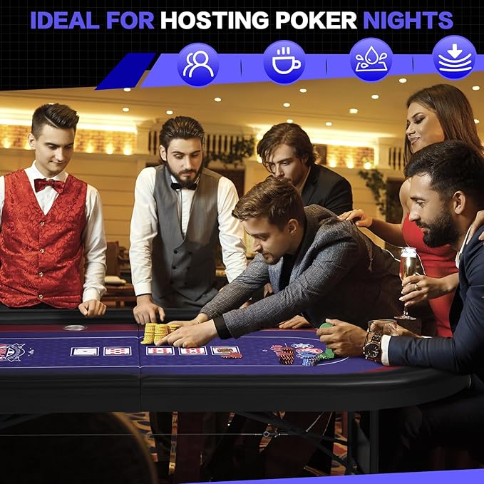 86" Foldable Poker Table, 10-Player Large Folding Texas Holdem Blackjack Table with Cup Holders