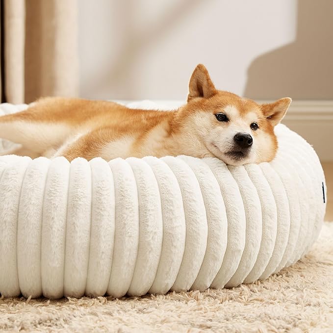 Bedsure Donut Large Dog Bed - Washable Faux Fur with Corduroy Fleece & Anti Slip Bottom, Round Pet