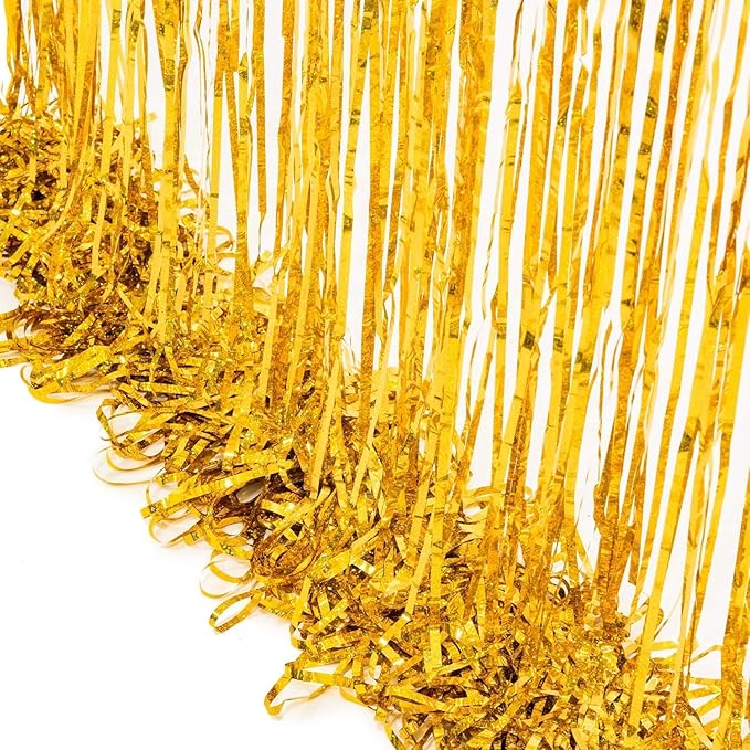 BRAVESHINE Gold Tinsel Foil Fringe Curtains - 2Pcs 3.2x8.2ft Holidays Photo Backdrop for Men 60th