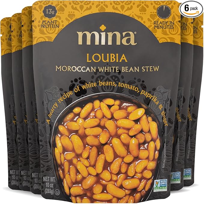 Mina Moroccan White Beans, Cannellini Beans, 10 oz (Pack of 6) Ready to Eat, Plant Protein, Vegan