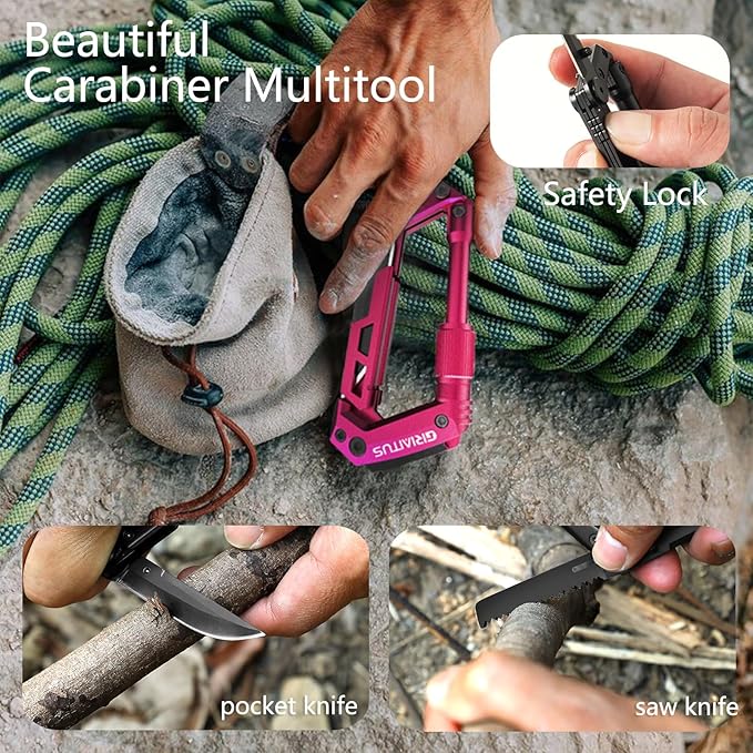 Dark Pink Color Multitool Carabiner EDC Pocket Multi-tool Knife Gifts for Mom Women Wife, EDC