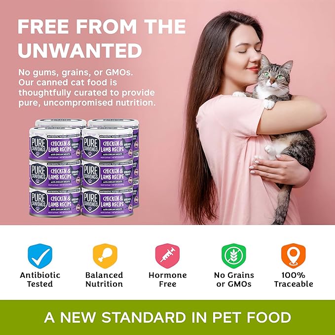 Pure Cravings Chicken and Lamb Recipe in Broth, Shredded Wet Cat Food, Grain-Free Protein, Non-GMO