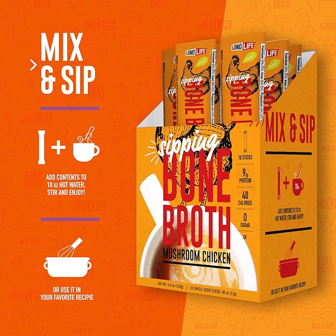LonoLife Mushroom Chicken Bone Broth Powder Mix | 10g Protein | Collagen-Rich, Keto & Paleo