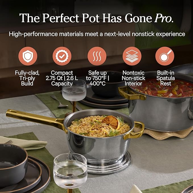 Our Place Titanium Mini Perfect Pot Pro - 2.75 Qt No-Coating Nonstick Pot | Tri-Ply Titanium &
