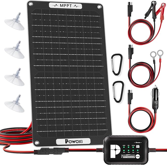 POWOXI 15W Solar Battery Charger: 12V Solar Car Battery Trickle Maintainer - with MPPT Controller