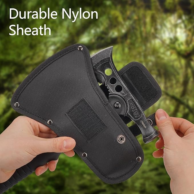 Camping Axe, Survival Chopping Hatchet with Sheath, Tactical Tomahawk with Hammer, Nylon Fiber