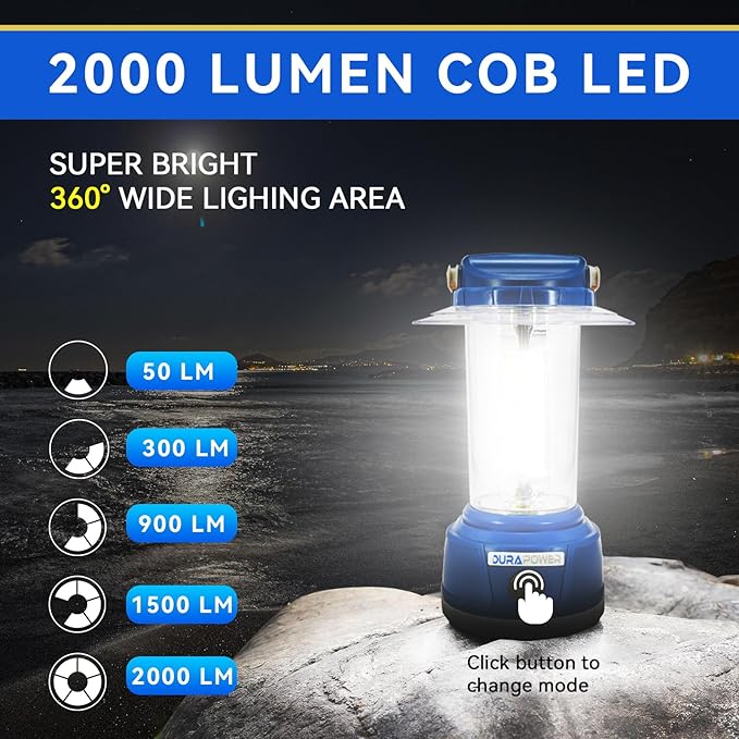 Durapower LED Camping Lantern Rechargeable, Bright 2000 Lumen, 5 Modes, 4000 mAh Power Bank, IP44