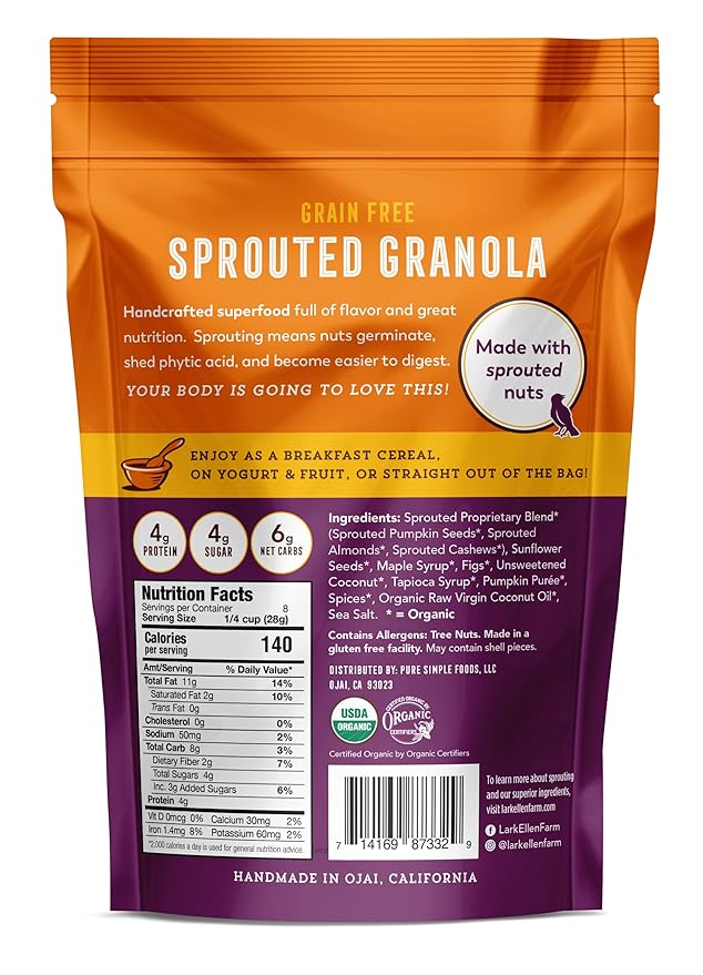 Lark Ellen Farm Grain-Free Granola, Certified Organic Raw Sprouted Vegan Clusters, Paleo & Crunchy