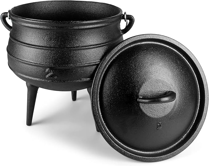 Bruntmor Pre-Seasoned Cast Iron Cauldron - 6 Quart African Potjie Pot with Lid - 3-Legged Dutch