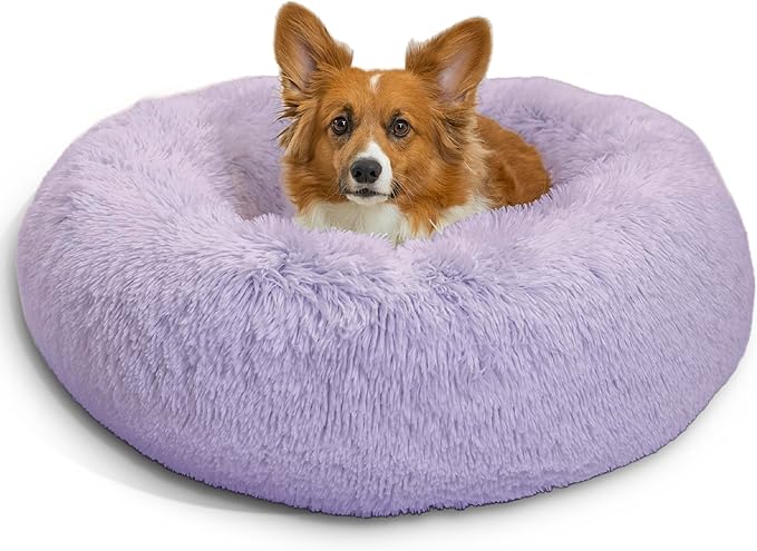 Best Friends by Sheri Original Calming Donut Dog and Cat Bed, Shag Faux Fur, Lavender, (30in x