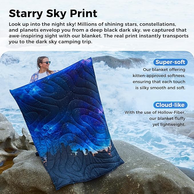 KingCamp Ultralight Camping Blanket, Packable Down Alternative Puffy Printed Wearable Blanket with