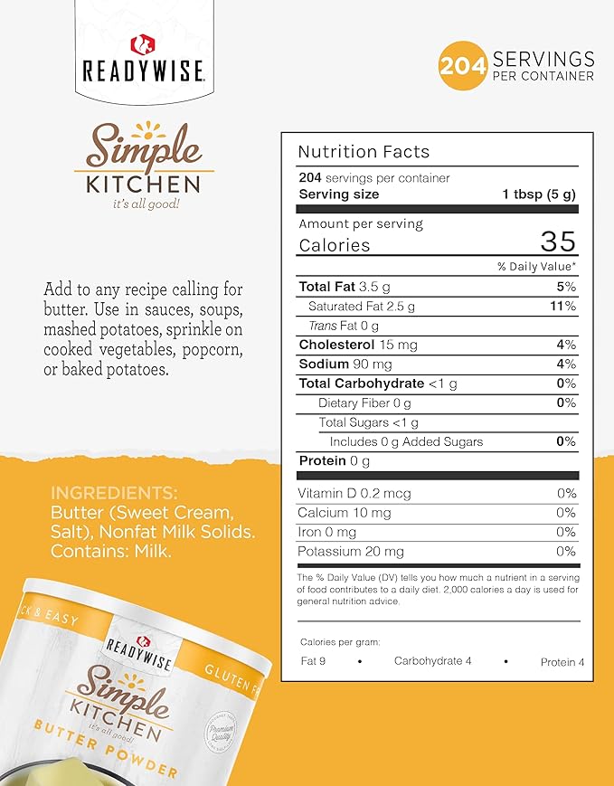 Simple Kitchen Freeze Dried Butter Powder - 204 Servings for Family Meal Prep, Gluten Free &
