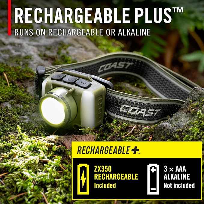 Coast FL95R 1250 Lumen Rechargeable Plus LED Headlamp with Green, Red and Area Light Modes and