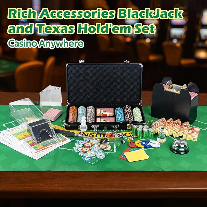 5 in 1 Super Pro Casino Game Set: Blackjack/Texas Hold'em/Roulette/Craps/Poker Kit, 10" Wooden