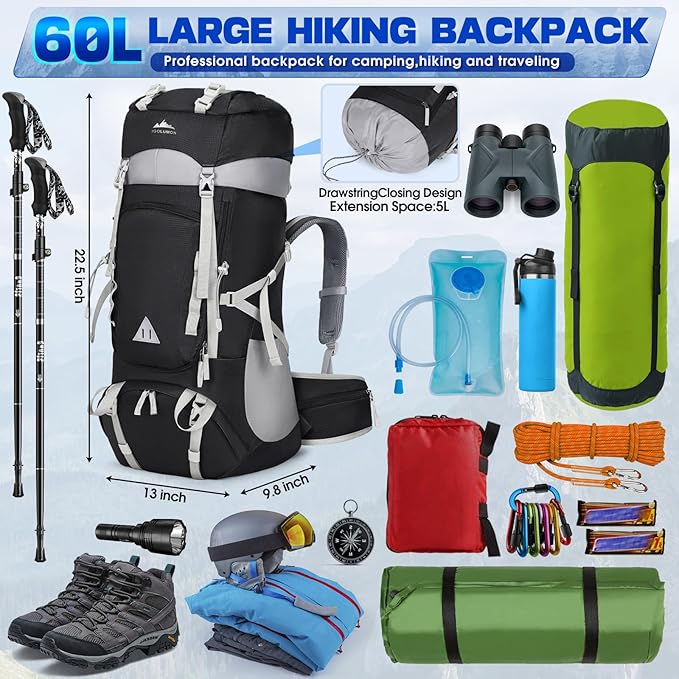 IGOLUMON 60L Hiking Backpack Waterproof Camping Backpack with Rain Cover Large Lightweight