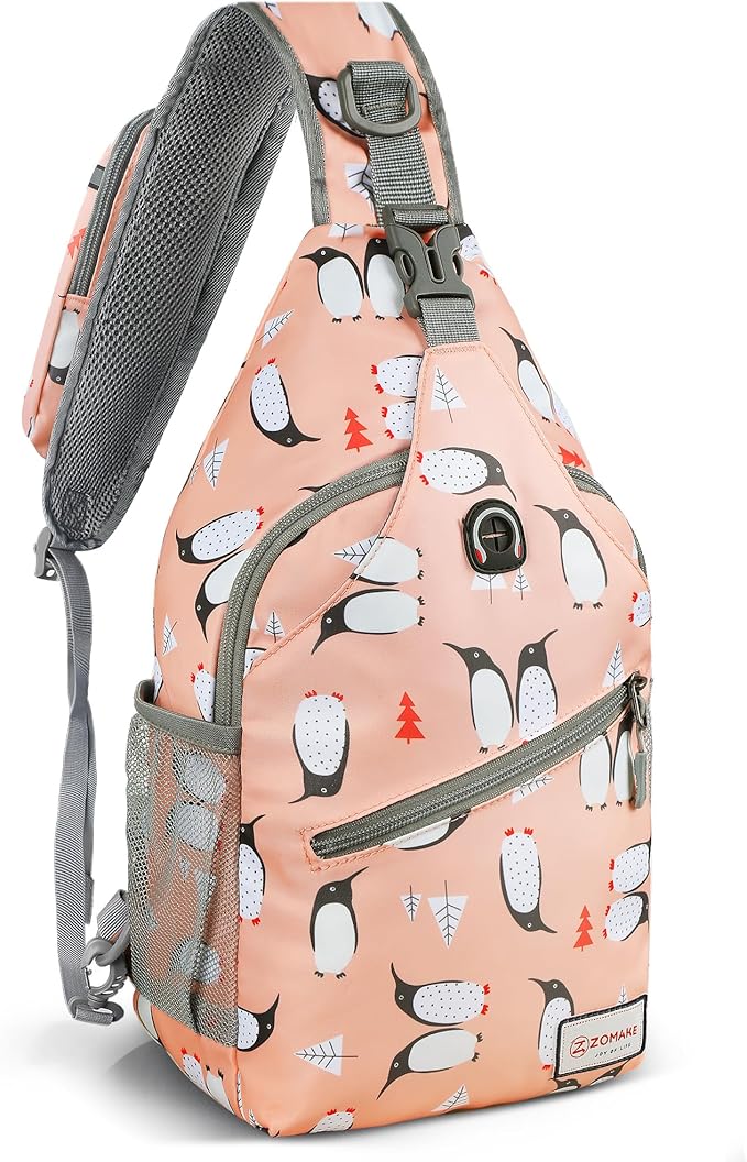 ZOMAKE Sling Bag, Penguin Pink, Nylon, 5 Separate Compartments, 10" iPad Compartment, Anti-Theft