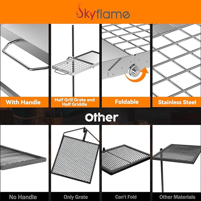 Skyflame Folding Campfire Grill Grate, Stainless Steel Swivel Camping Grill Grate and Griddle with