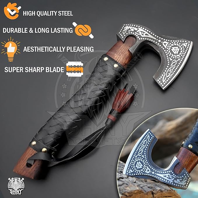 SHINY CRAFTS®- Engraved Viking Axe – Gift for Outdoorsman Hand-Forged Hatchet with Leather Wrap