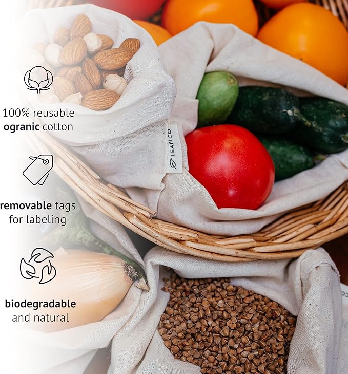 Organic Cotton Produce Bags - Medium 8x10 Inch (12 Bags) - Reusable Muslin Storage Bags with