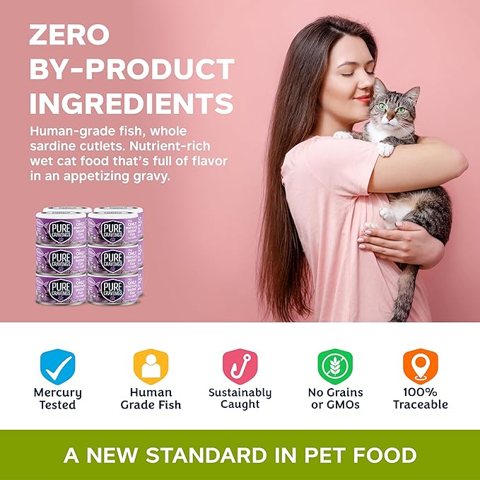 Pure Cravings Wet Cat Food Canned Sardines Cutlets in Gravy, Every Catch is Mercury-Tested, Moist