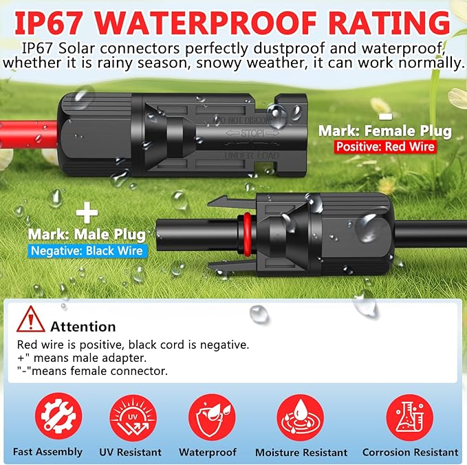 2x20 Feet Solar Panel Extension Cable, 12AWG Solar Cable, Solar Panel Cable with Female and Male