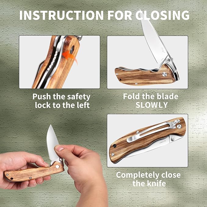Vickay Pocket Knife for Men, Folding Knife with Clip, 3.74" 8Cr13MoV Steel Blade, Wood Handle EDC