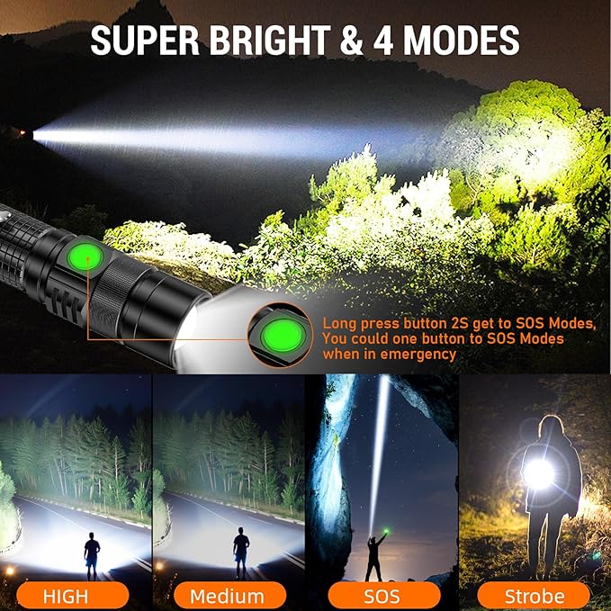 LED Tactical Flashlight Rechargeable - One Click SOS, Super Bright Small LED Flashlight 3Hr USB-C