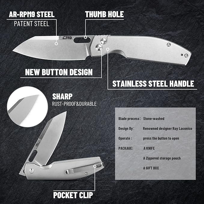 CJRB Pocket EDC Knife Ekko(J1929) Button Lock Small Folding Knife AR-RPM9 Steel Blade and Silver