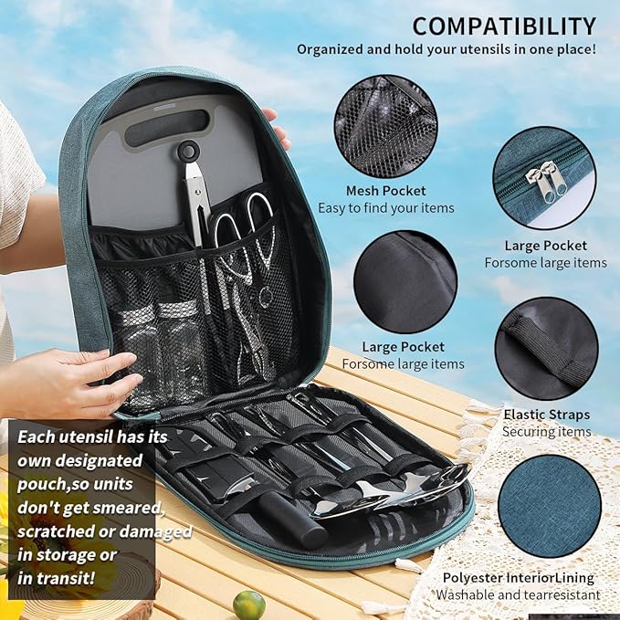 Evanda Camping Kitchen Cooking Utensil Set 10 Piece, Stainless Steel Outdoor Cooking and Grilling