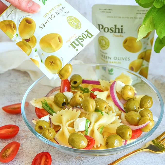 POSHI Green Pitted Olives - Basil & Garlic | Vegan, Kosher, Gluten Free + Keto Friendly, Fresh, Low