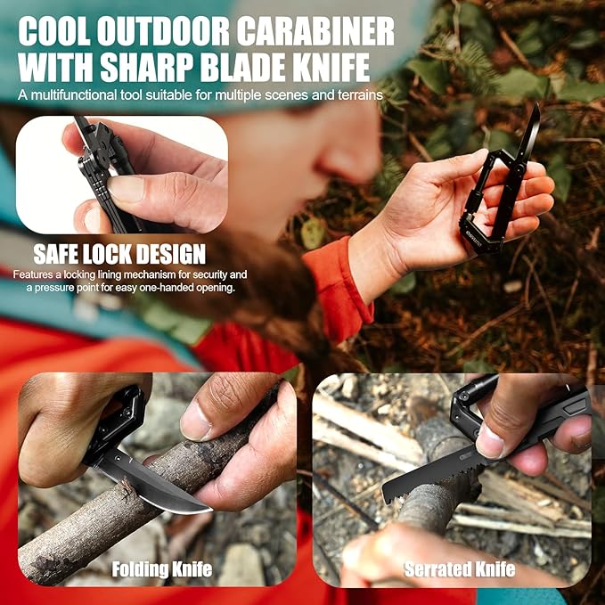 Carabiner Multitool 8-in-1 EDC Carabiners Pocket Knife, Serrated Knife, Rope Cutter, Screwdriver