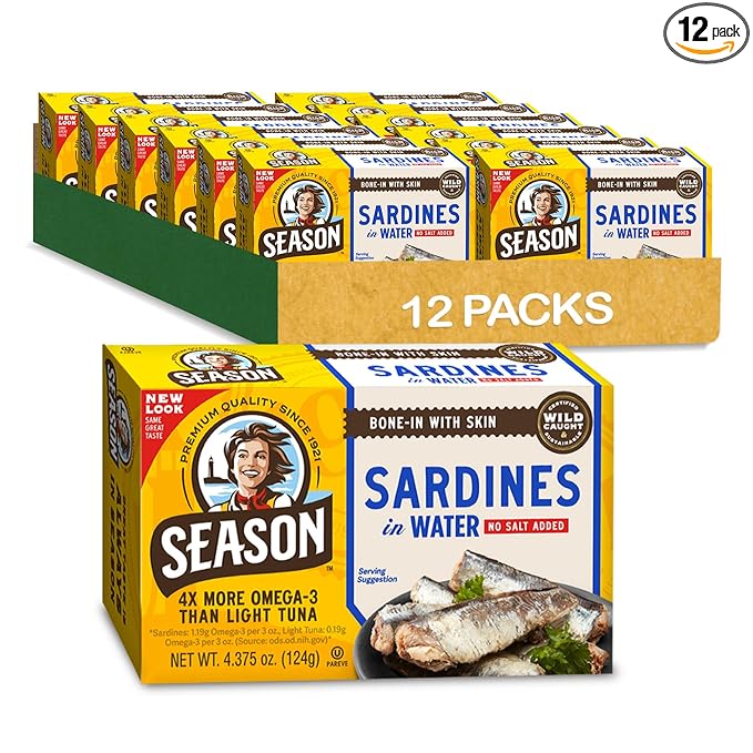Season Sardines in Water - No Salt Added, Wild Caught, 22g of Protein, Keto Snacks, More Omega 3's