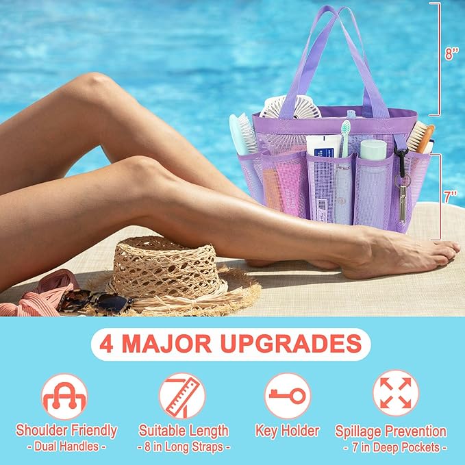 Mesh Shower Caddy Portable for College Dorm Room Essentials, 8-Pocket Large Shower Basket Tote Bag
