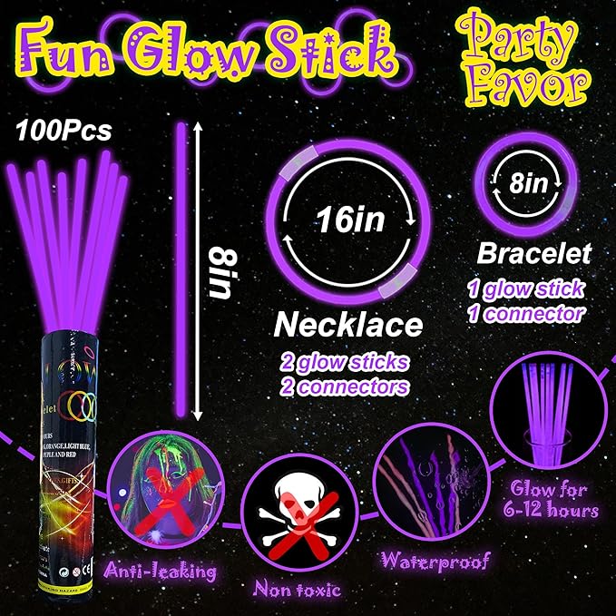 ILHSTY 100 Pcs 8'' Purple Glow Sticks Glow Necklaces In The Dark Party Favor Supplies Bright