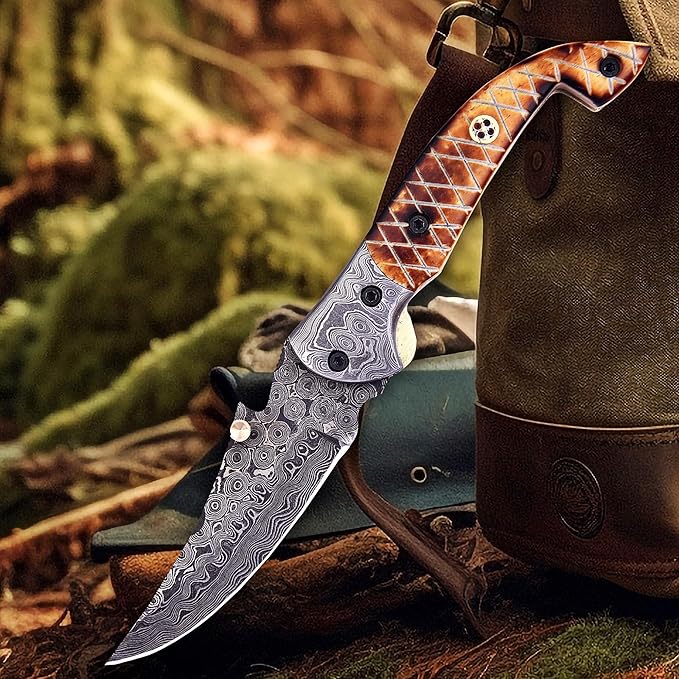 Handmade Damascus Folding Knife for Men with Burn Bone, 7.5 inch Pocket Knife with Sheath,Tactical
