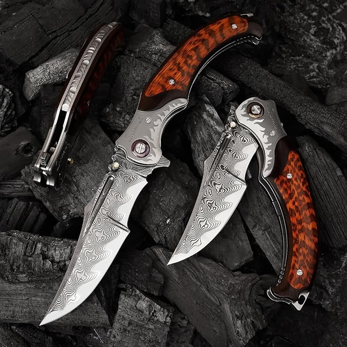 4.6in Damascus steel blade, ebony inlaid with serpentine wood handle with leather pocket folding