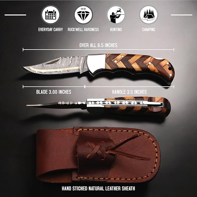 6.5 inch Damascus Pocket Knife with Sheath, Handmade Folding Pocket Knife for Men, Black-Red Wooden