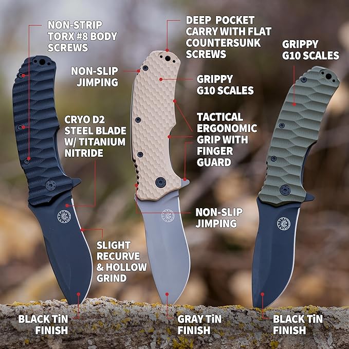 Off-Grid Knives - Rapid Fire Blackout - Large Folding Knife for Camping & EDC, Cryogenic D2 Blade