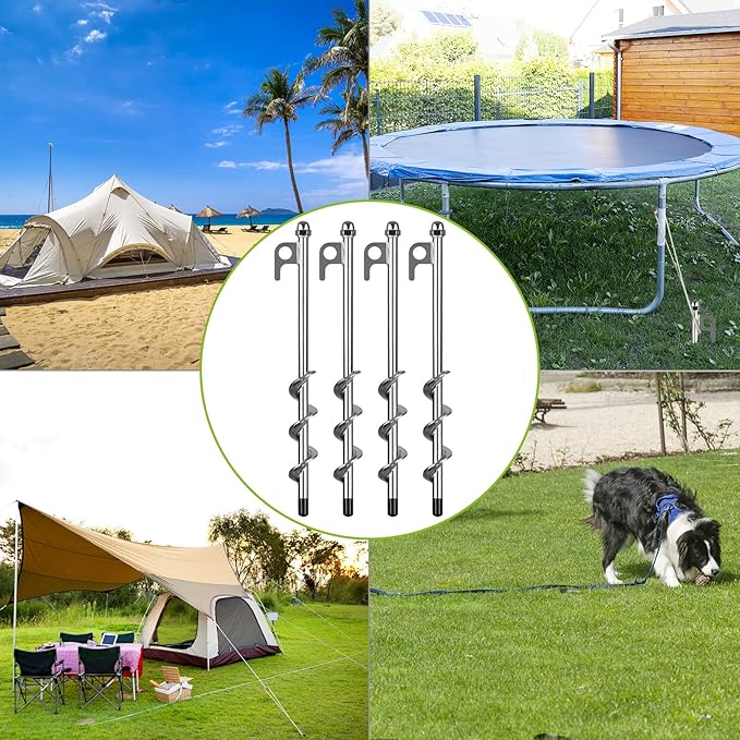 4 Pack Tent Stakes, 12 Inch Heavy Duty Ground Anchors, Fully Welded Spiral Earth Anchors for