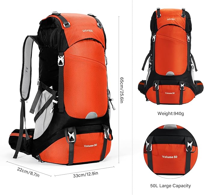 HOMIEE 50L Hiking Backpack Travel Bag Waterproof Camping Rucksack with Rain Cover Lightweight
