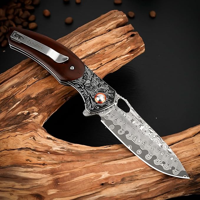 Damascus Pocket Knife with Sheath, 3.35" Damascus Steel Blade Knife with Wooden Handle, EDC Pocket